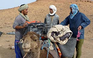 Ihre Begleiter, es sind Berber, beladen die Dromedare, Grand Sud, Marokko