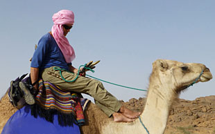 Reiten mit Tuaregsattel: Die Füsse werden nach vorne auf den Hals des Dromedars gelegt, Algerien